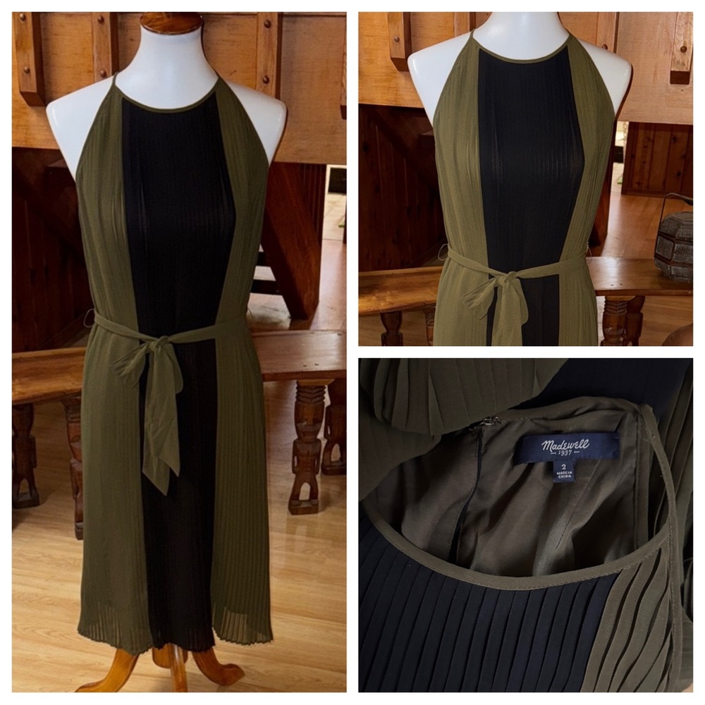 Madewell Size 2 Olive and Black Pleated Midi Dress
